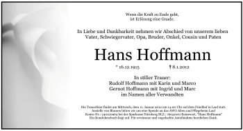Traueranzeige von Hans Hoffmann von Pegnitz-Zeitung